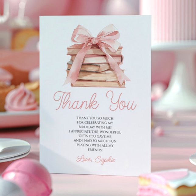 Cartão De Agradecimento Chapter Storybook Pink Bow Books Birthday Party (Criador carregado)