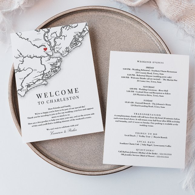 Cartão De Agradecimento Charleston Wedding Welcome Itinerary Black White (Charleston SC Wedding Weekend Itinerary Schedule of events in Elegant black and white )