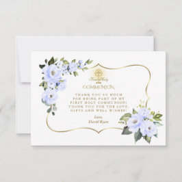 Cartão De Agradecimento Charm Blue Floral Dourado Cross Boy Comunhão Santa