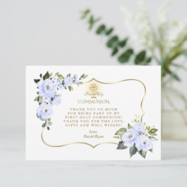 Cartão De Agradecimento Charm Blue Floral Dourado Cross Boy Comunhão Santa
