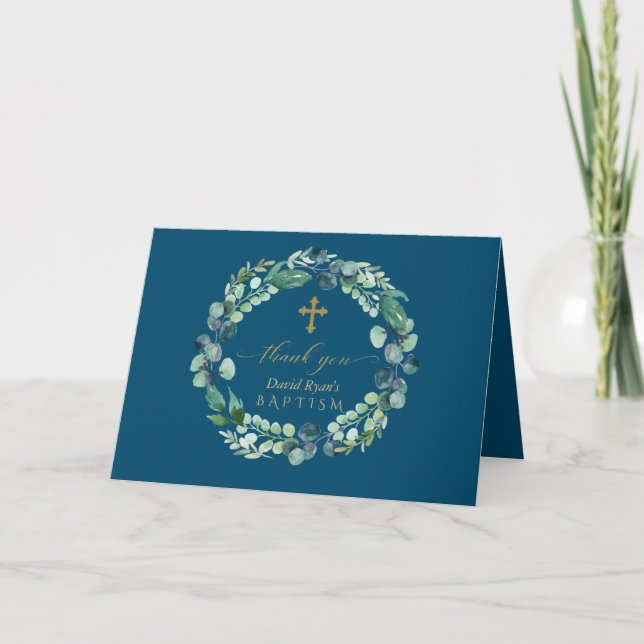 Cartão De Agradecimento Charm Eucalyptus Wreath Dourado Photo Boy Baptism (Frente)