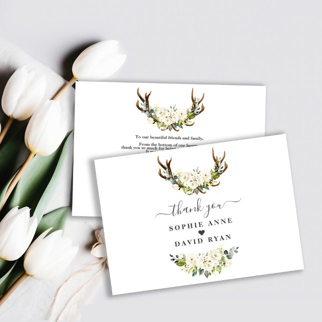 Cartão De Agradecimento Charm White Cream Ivory Flowers Casamento Antlers (Criador carregado)