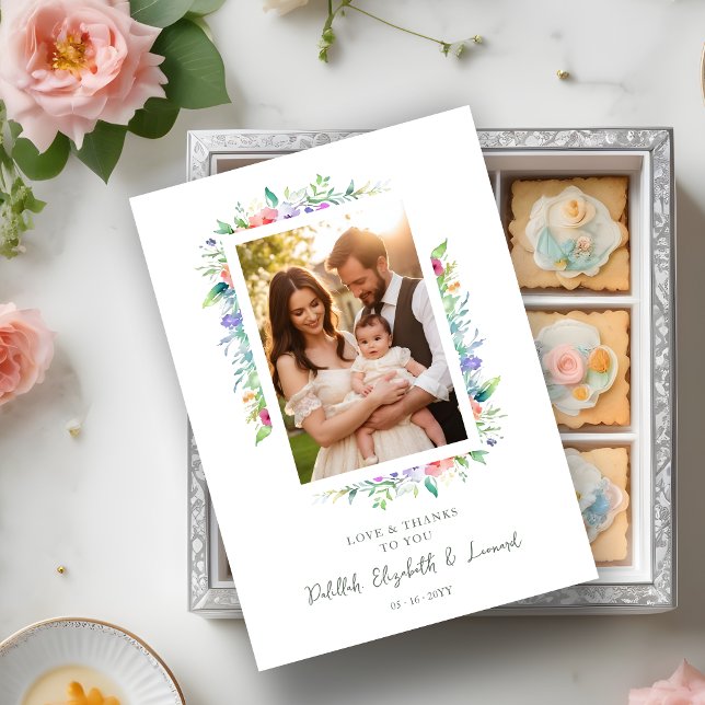 Cartão De Agradecimento Cherish Cute Floral Frame Christening Photo (Cherish Cute Floral Frame Christening Photo Thank You Card. )