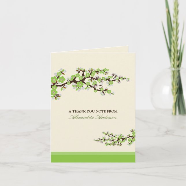 Cartão De Agradecimento Cherry Blossom Custom Thank You Card (green) (Frente)