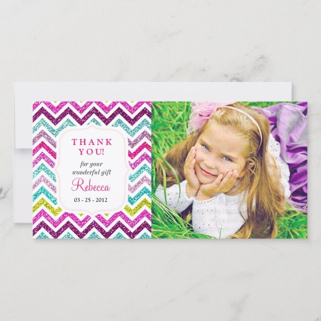 Cartão De Agradecimento Chevron Faux Glitter Rainbow Obrigado (Frente)