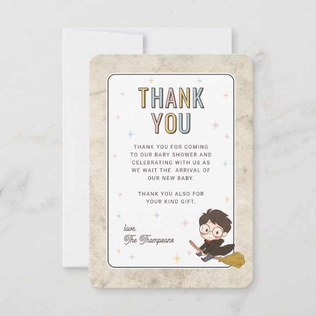 Cartão De Agradecimento Chibi Harry Potter Chá de Bebê Mágico (Frente)