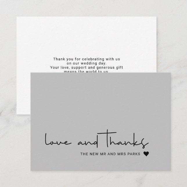 Cartão De Agradecimento Chic Amor e Obrigado Script Casual Cinza Obrigado (Frente/Verso)