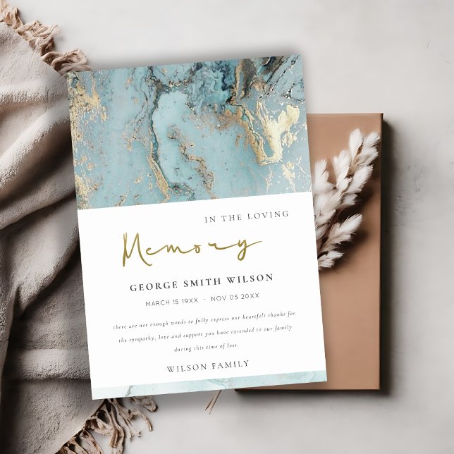 CARTÃO DE AGRADECIMENTO CHIC AQUA DUSKY BLUE DOURADO AGATE SYMPATHY MEMORI (Criador carregado)