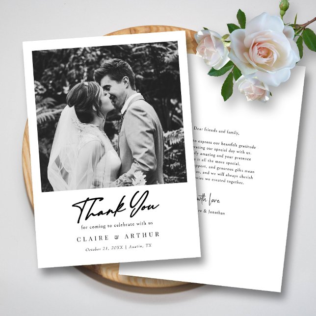 Cartão De Agradecimento Chic Black Hand Lettered Signature Wedding Photo (Chic Black Hand Lettered Signature Wedding Photo Thank You Card)