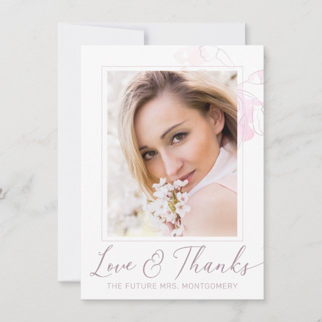Cartão De Agradecimento Chic Blush Floral Aquarela Foto Chá de Noiva (Frente)