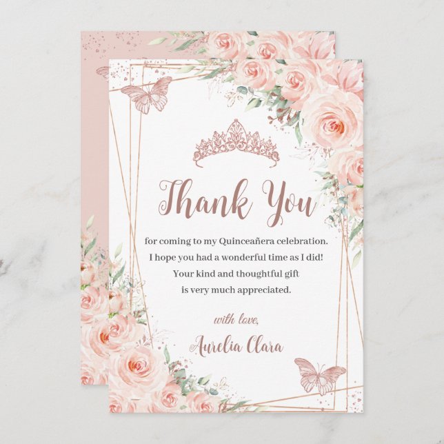 Cartão De Agradecimento Chic Blush Floral Rosa Dourada Borboleta Quinceañe (Frente/Verso)