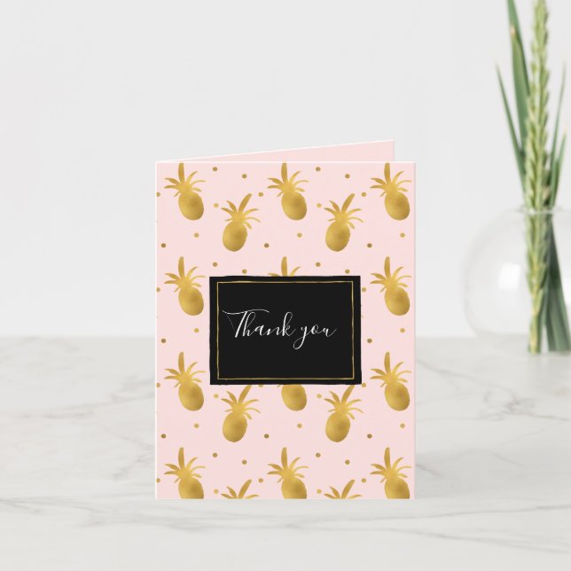 Cartão De Agradecimento Chic Blush Pink Gold Pineapples and Dots Thank you (Frente)