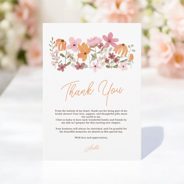 Cartão De Agradecimento Chic boho elegante festa de chá de noiva de flores (Elegant chic boho meadow wildflower bridal shower thank you card)