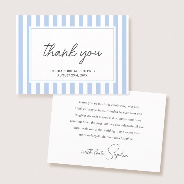 Cartão De Agradecimento Chic Bridal Shower Modern Script Blue Stripes (Criador carregado)