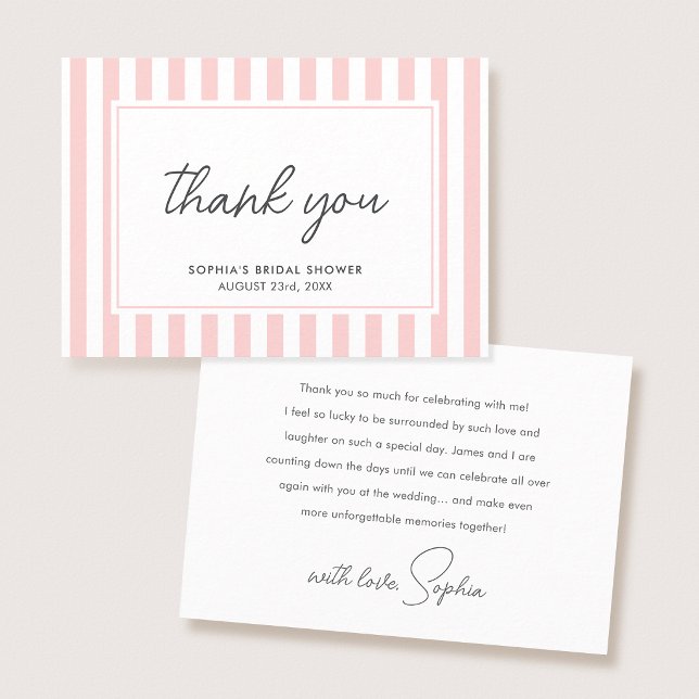 Cartão De Agradecimento Chic Bridal Shower Modern Script Pink Stripes (Criador carregado)