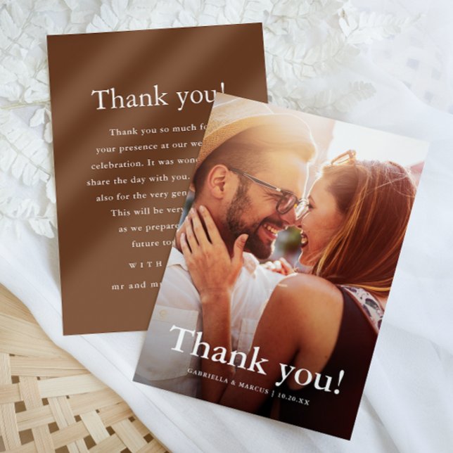 Cartão De Agradecimento Chic Brown Weding Foto Obrigado Mensagem (Criador carregado)
