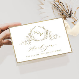 Cartão De Agradecimento Chic Champagne Monogram, Gold Frame Wedding