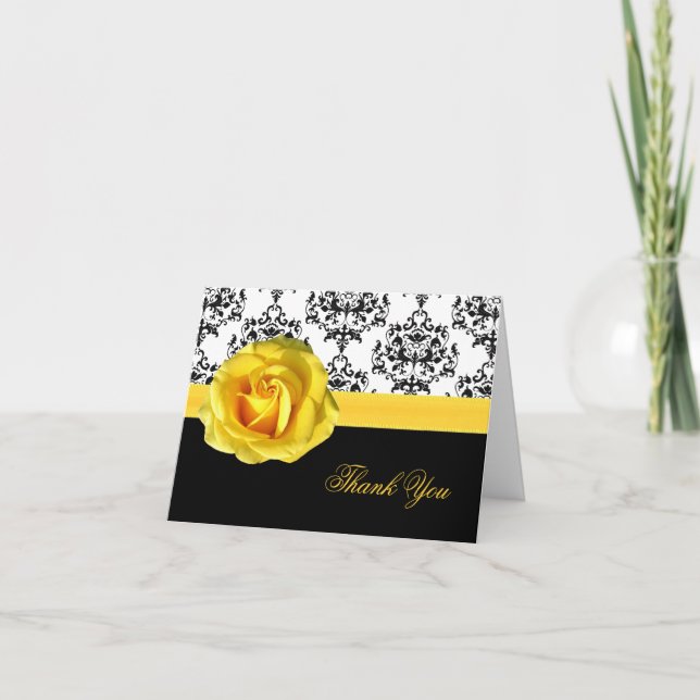 Cartão de agradecimento Chic Damask & Yellow Rose (Frente)