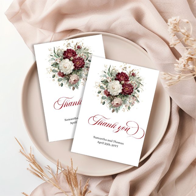Cartão de Agradecimento Chic Deep Red Floral Green (Chic Deep Red Floral Greenery Thank You Card)