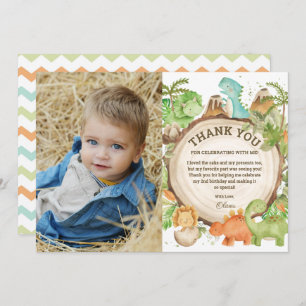 Cartão De Agradecimento Chic Dinosaur Boy Birthday Greenery Chevron Foto