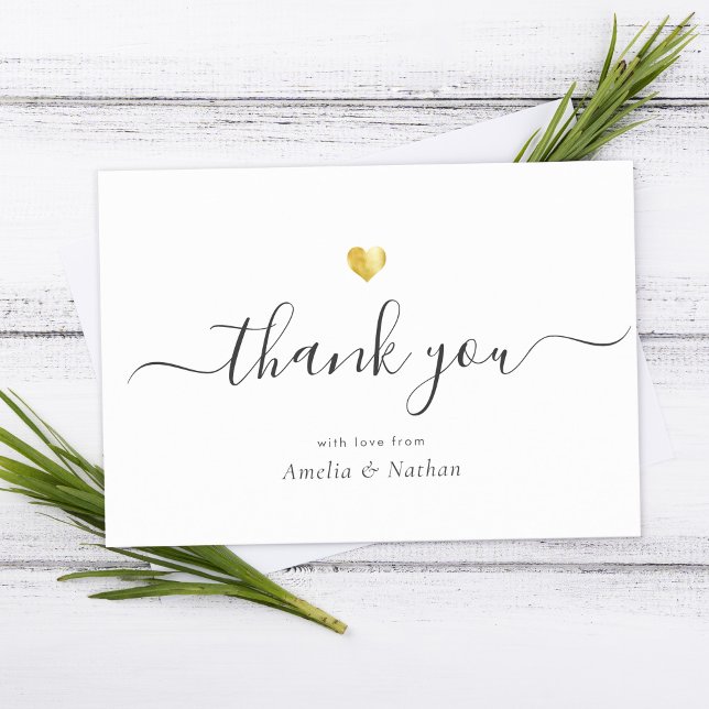 Cartão De Agradecimento Chic Elegant Modern Script Calligraphy Gold Heart (Criador carregado)