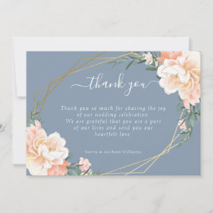 Cartão De Agradecimento Chic Floral Blush Peach Dourado Casamento Azul