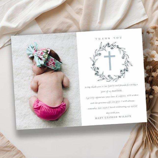 Cartão De Agradecimento Chic Floral Laurel Wreath Dusky Blue Cinza Baptism (Criador carregado)