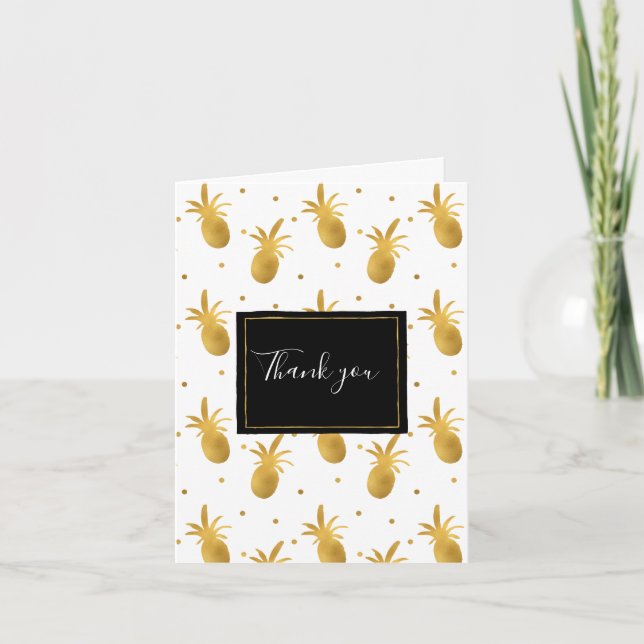 Cartão De Agradecimento Chic Gold Pineapples and Dots Thank you (Frente)