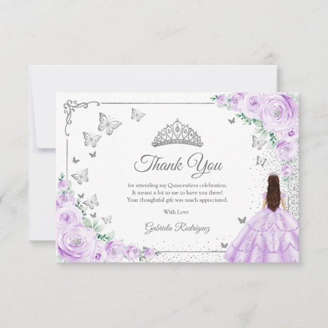 Cartão De Agradecimento Chic Lilac Purple Roses Silver Quinceanera (Frente)