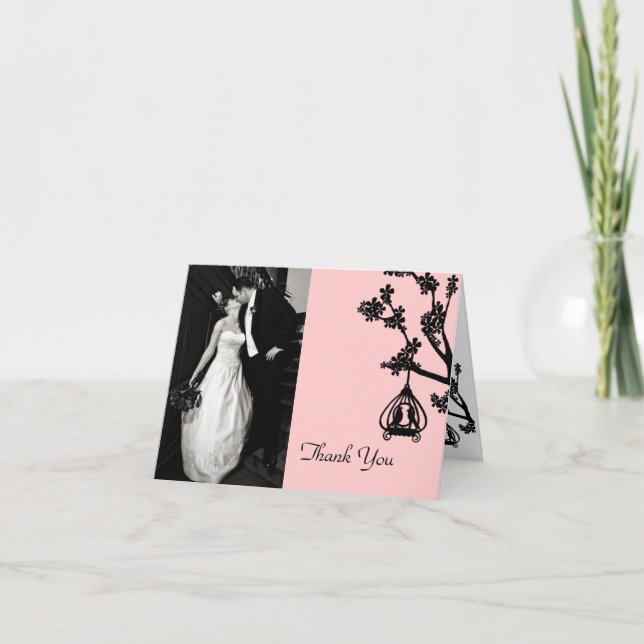 Cartão De Agradecimento Chic Pink and Black Wedding Photo Thank You Card (Frente)