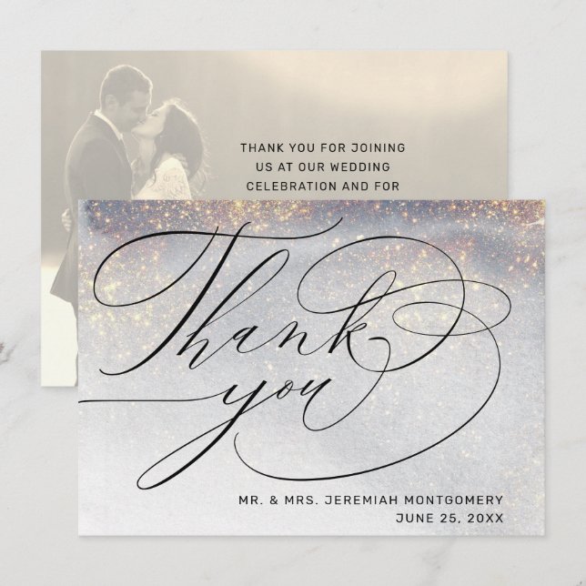 Cartão De Agradecimento Chic Prata Dourado Brilho Aquarela Fotografia de C (Frente/Verso)