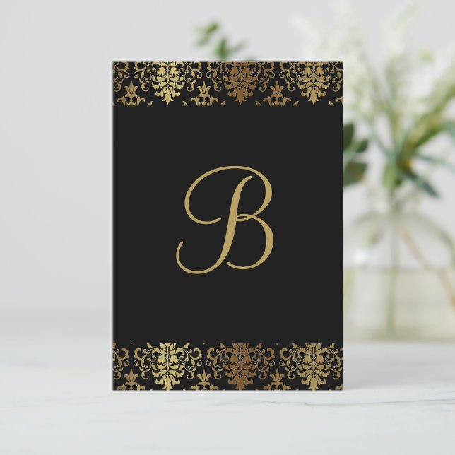 Cartão De Agradecimento Chic preto Dourado Damask Monograma Elegante (Em pé/Frente)