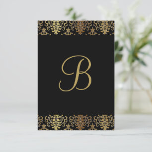 Cartão De Agradecimento Chic preto Dourado Damask Monograma Elegante
