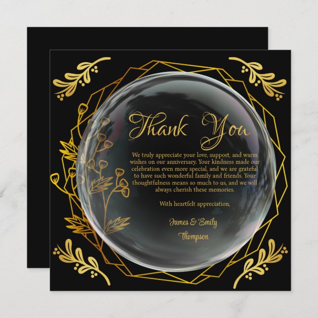 Cartão De Agradecimento Chic Preto e Dourado Estilo Floral para Aniversári (Frente/Verso)