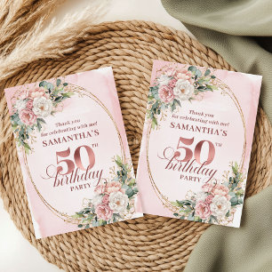 Cartão De Agradecimento Chic Rosa Dourado Blush Flora Verde 50º Aniversári