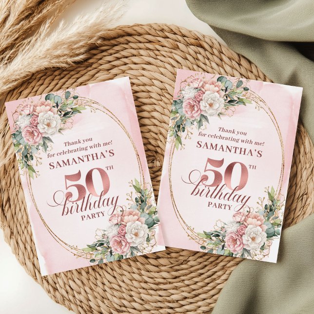 Cartão De Agradecimento Chic Rose Gold Blush Floral Greenery 50th Birthday (Express your heartfelt appreciation with these elegant 50th birthday thank you cards designed in sof)