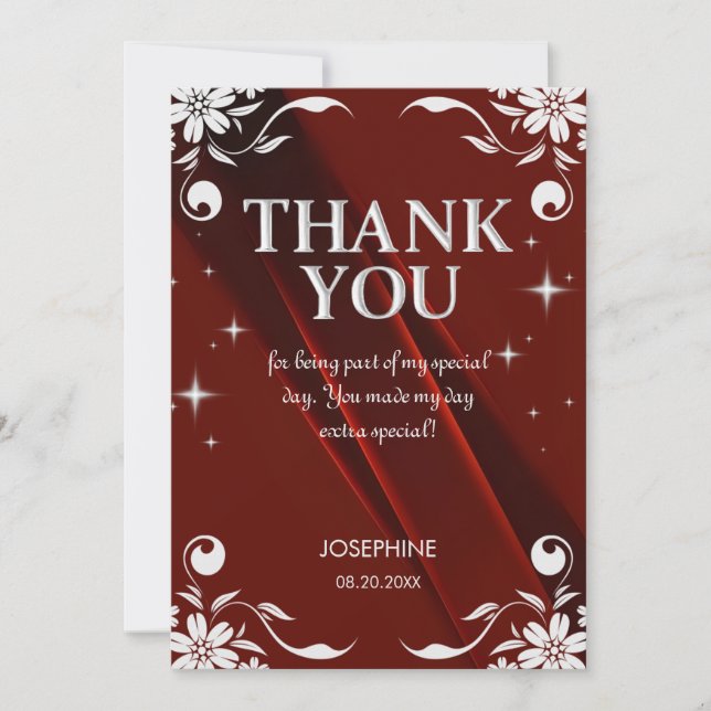 Cartão De Agradecimento Chic Silver Floral Frame Burgundy 50th Birthday (Frente)