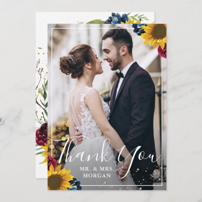 Cartão De Agradecimento Chic Sunflower Burgundy Marinho Blue Floral Foto (Frente/Verso)