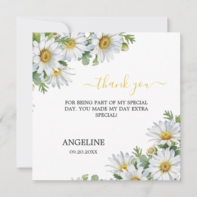 Cartão De Agradecimento Chic White Daisy Floral Greenery Birthday (Frente)