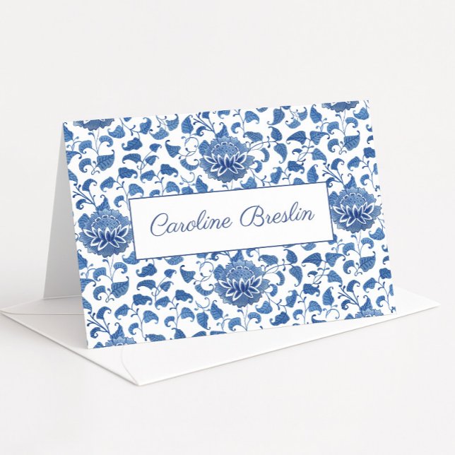 Cartão De Agradecimento Chinoiserie Chá de panela Azul E Branco (Hand painted blue and white lotus flower chinoiserie pattern thank you card or personal stationery)