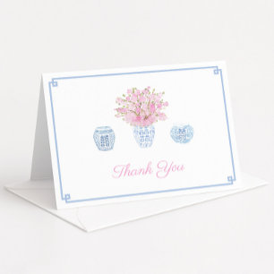 Cartão De Agradecimento Chinoiserie Chic Céu Azul e Rosa Chuveiro de Noiva