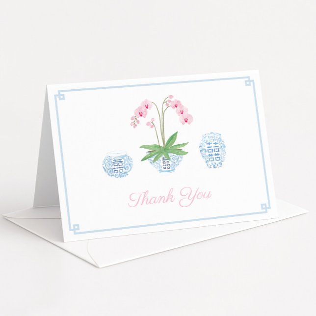 Cartão De Agradecimento Chinoiserie Chic Chá de Bebê Orquídea Rosa (Preppy pink watercolor orchid and pale blue and white ginger jar thank you cards)