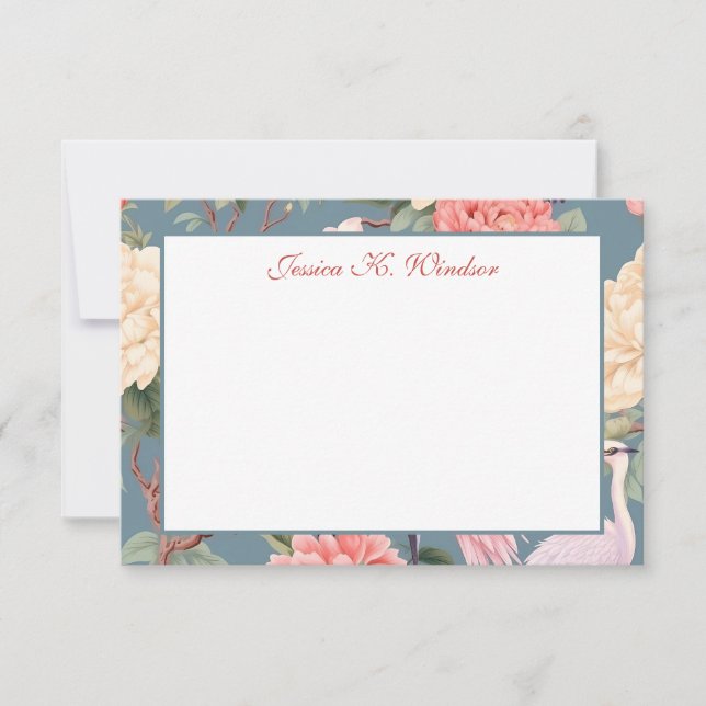 Cartão De Agradecimento Chinoiserie Floral Jade Egret Personalizada (Frente)