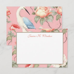 Cartão De Agradecimento Chinoiserie Floral Pink Egret Personalizado