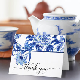 Cartão De Agradecimento Chinoiserie Pássaro Floral Azul Branco Chá de Noiv