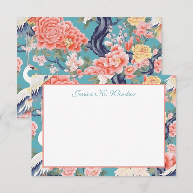 Cartão De Agradecimento Chinoiserie Teal Floral Egret Personalizado (Frente/Verso)