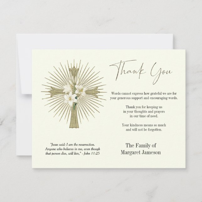 Cartão De Agradecimento Christian Cross Lily Condolence Simpatia Funeral (Frente)