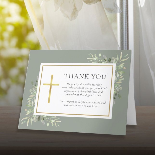 Cartão De Agradecimento Christian Funeral Watercolor Greenery (Christian Funeral Watercolor Greenery Thank You Card)