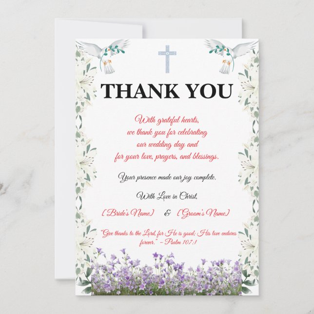 Cartão De Agradecimento Christian Wedding Thank You Card with Cross (Frente)