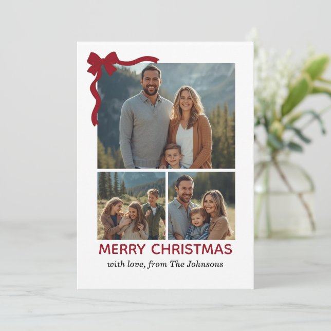 Cartão De Agradecimento Christmas Card – Red Bow, 4 Photo, Personalized (Em pé/Frente)